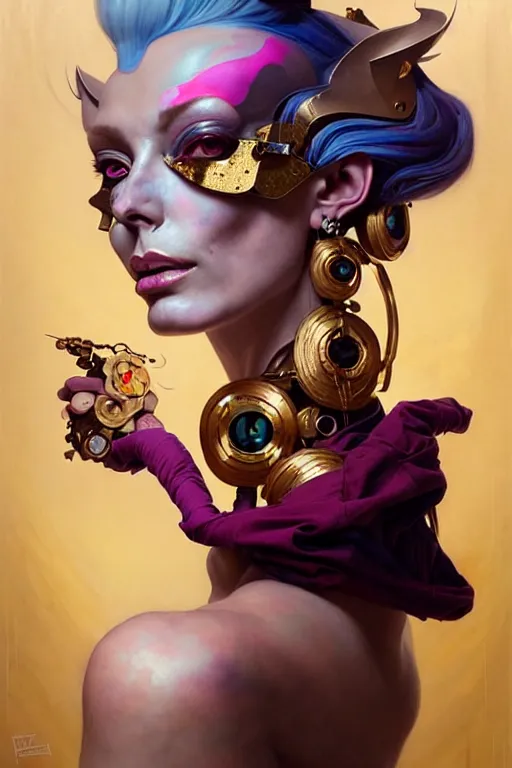 Prompt: portrait of isabelledeltore, patchwork doll, cyberpunk, elegant baroque, asymmetrical art, hyperrealism, colorful, vivid, imposing, epic, abstract texture, gold leaf texture, artstation, concept art, by peter mohrbacher and wlop and rhads and artgerm and magali villeneuve and alphonse mucha