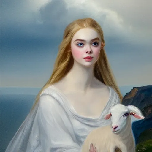 Image similar to professional painting of Elle Fanning in Santorini holding a white lamb in the style of Thomas Lawrence, head and shoulders portrait, symmetrical facial features, smooth, sharp focus, illustration, intricate, stormy weather, extremely detailed masterpiece,