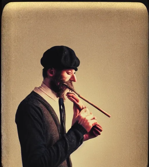 Prompt: color polaroid picture of a funny looking hipster man smoking a tobacco pipe. diffuse background