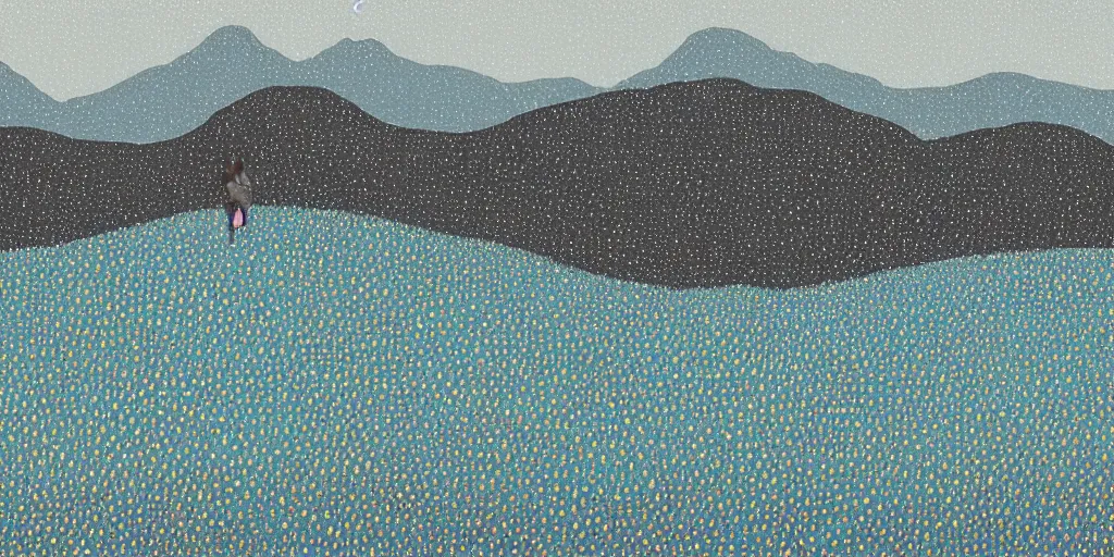 Image similar to large and flowing and panoramic. details are filled in with dots. a woman stands happily in a blue field. in the distance a mountainous forest can be seen. a gray sky with dark blue swirls seems to surround the field.