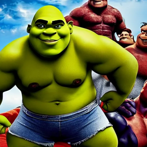 Image similar to muscular shrek beating avenger movie poster