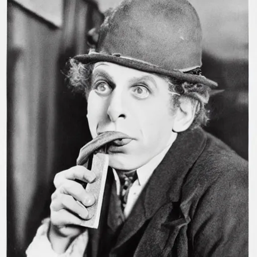 Image similar to Harpo Marx with a hat and a harmonica in his mouth, a black and white photo by Eugene Leroy, pinterest, american barbizon school, movie still, 1920s, criterion collection