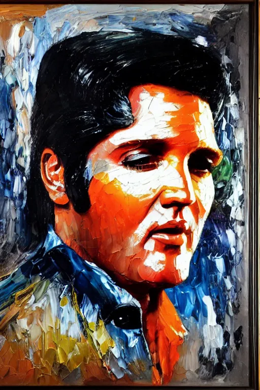 Prompt: highly detailed palette knife oil painting of Elvis Presley, wealthy, wise, by Peter Lindbergh, impressionistic brush strokes, painterly brushwork