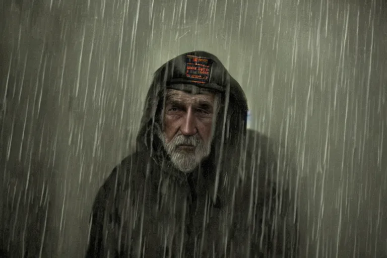Prompt: a cinematic headshot photograph of a beautiful homeless war veteran, stood in a tunnel, rain, film still, cinematic, dramatic lighting, by bill henson and annie leibovitz