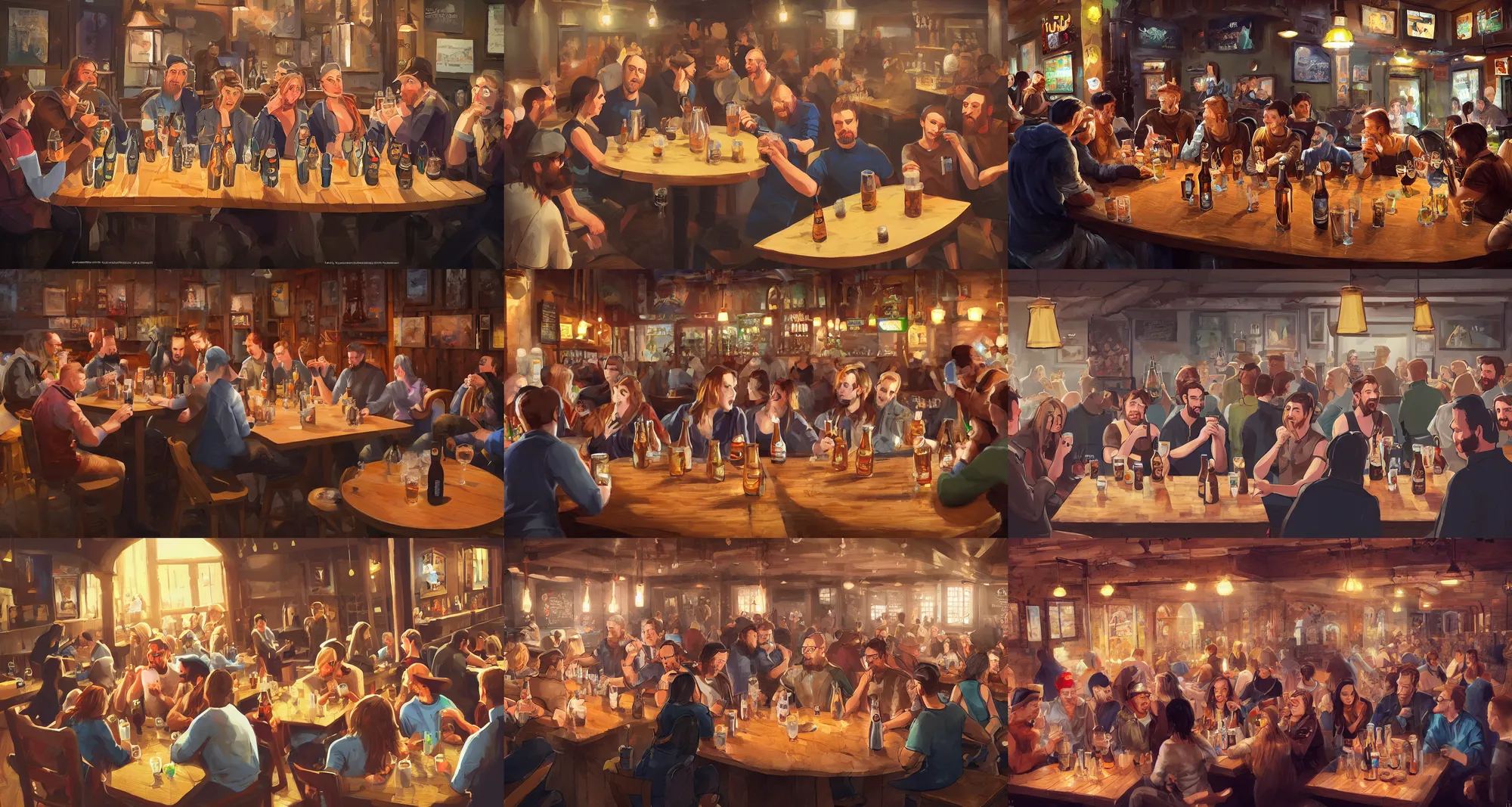 Prompt: table full of people drinking beer at a pub, digital art, great atmosphere, trending on artstation