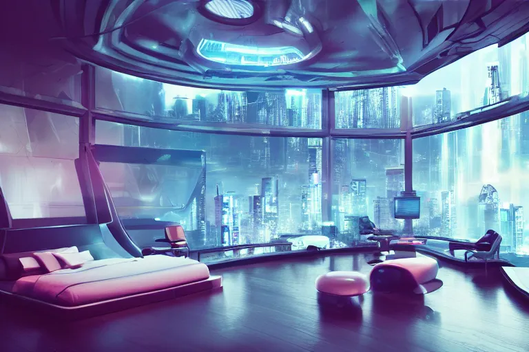 Image similar to a futuristic bedroom with large curved ceiling high windows looking out to a far future cyberpunk cityscape, cyberpunk neon lights, raining, scifi