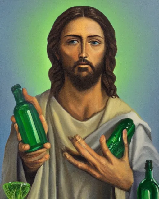 Image similar to detailed painting of jesus christ holding up a green bottle