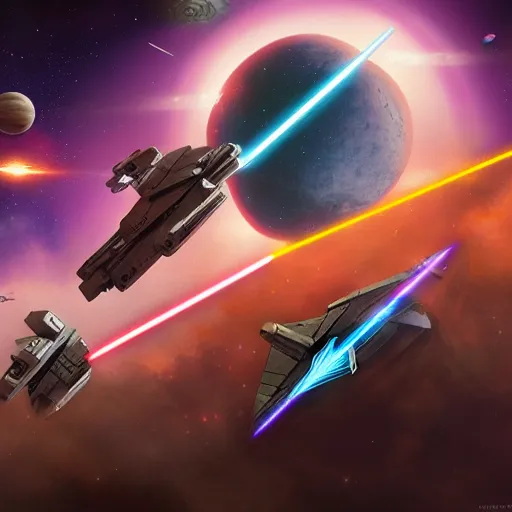 Prompt: space wars shaped like video game consoles in space attacking each other with laser beams, star wars, artstation