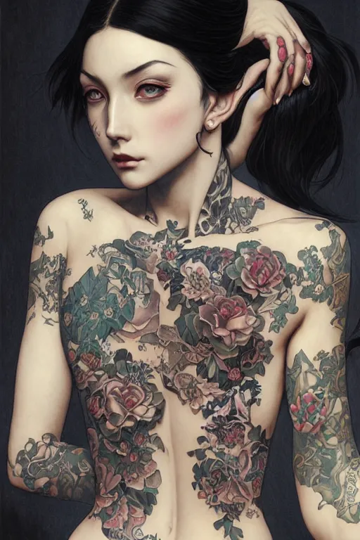 Image similar to goth yakuza girl tattoos, intricate, elegant, highly detailed, digital painting, artstation, concept art, smooth, sharp focus, illustration, art by artgerm and greg rutkowski and alphonse mucha and william-adolphe bouguereau