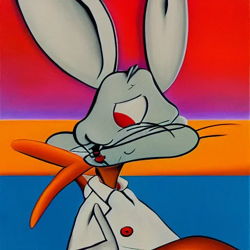 Prompt: Bugs Bunny and Elmer Fudd in the style of Dali, surrealism, oil on canvas