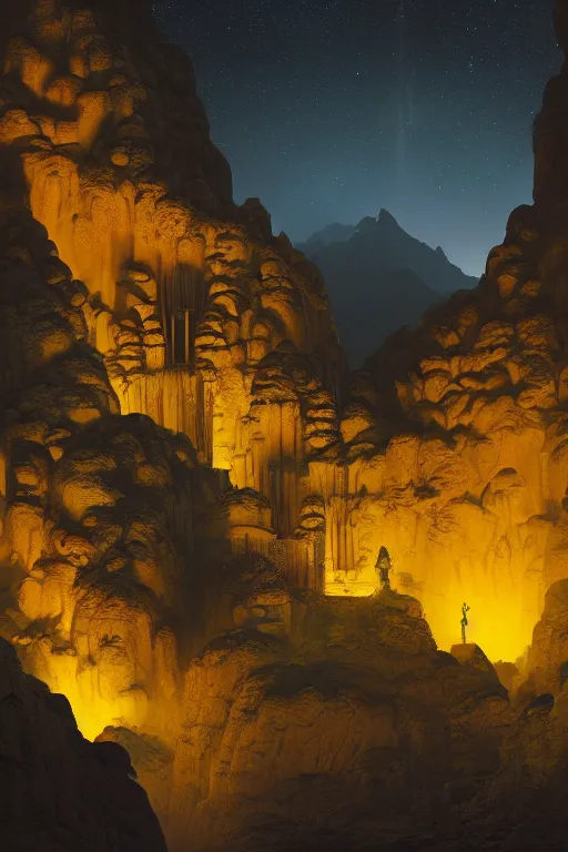 Image similar to yellow glowing ancient temple in a cave, star trails, dramatic lighting, artstation, matte painting, filip hodas, ralph mcquarrie