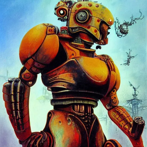 Image similar to A mixed media portrait painting of a naraka buddhist demons, sweat, aesthetic symmetrical face and eyes, photorealistic, model, wet, starship-troopers, pacific-rim-mech in background, eighties pinup style, by Frank Frazetta, Boris Vallejo, Beeple, Greg Rutkowski, Christian MacNevin, epic fantasy character art, high fantasy, CGsociety, exquisite detail, post-processing, masterpiece, cinematic