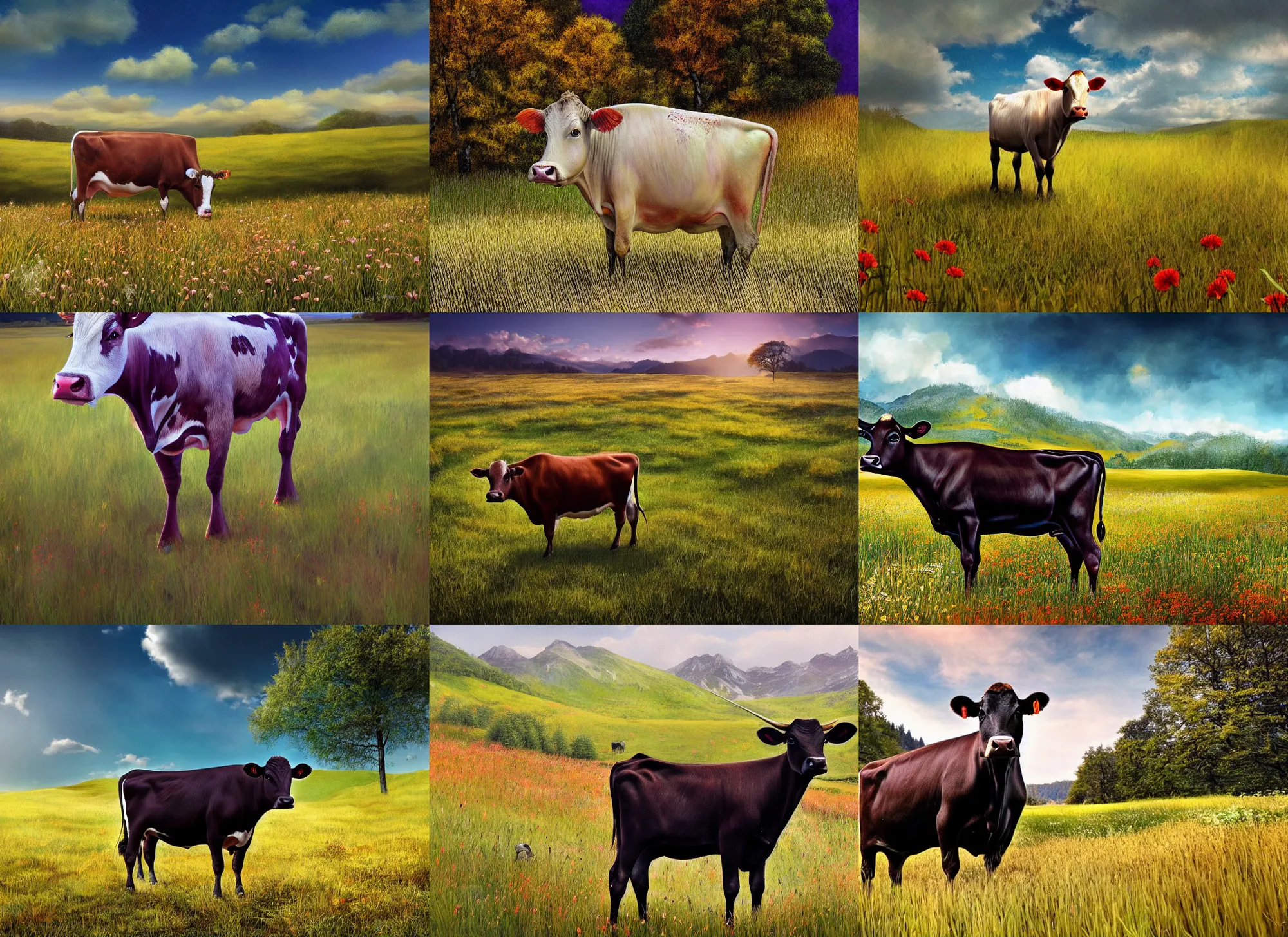 Prompt: highly detailed photo of a cow standing in a beautiful meadow, scenic colorful environment, hyperrealistic illustration by steven rhodes