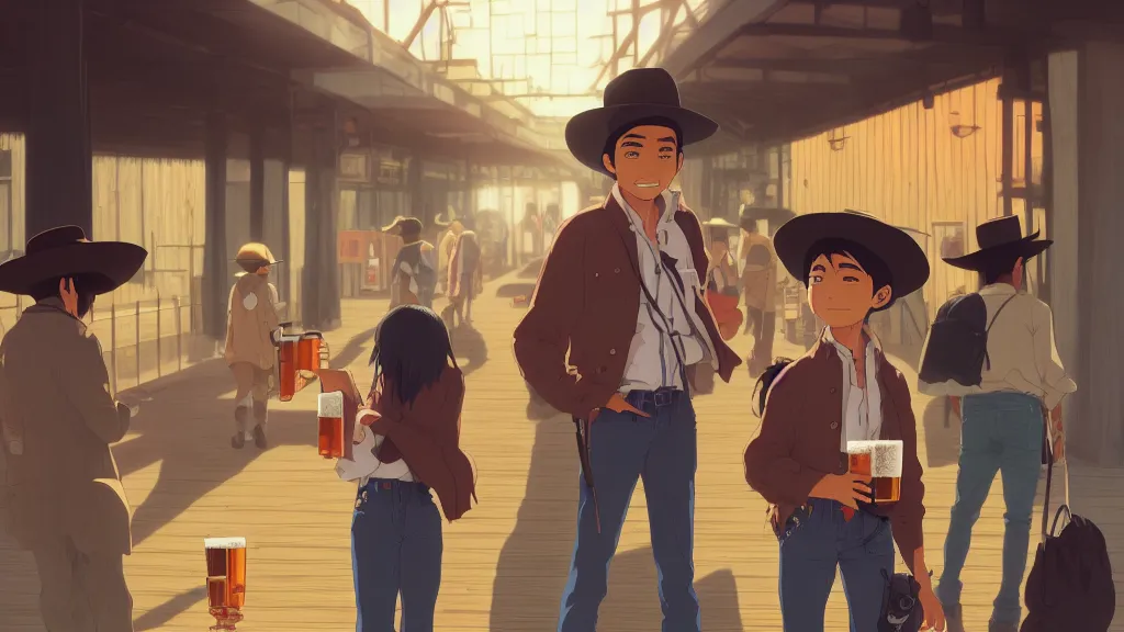 Prompt: anime illustration of illustration of a mexican man,, with one small, dirt, wild west, with hat, drinking a beer at train station, by makoto shinkai, ilya kuvshinov, lois van baarle, rossdraws, basquiat, studio ghibli, global illumination ray tracing hdr