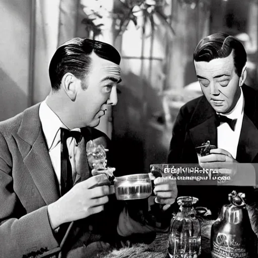 Prompt: The actor, James Stewart having cocktails with the actor, Peter Lorre, in the greenhouse, in the style of Fleischer Cartoons, 1930s,