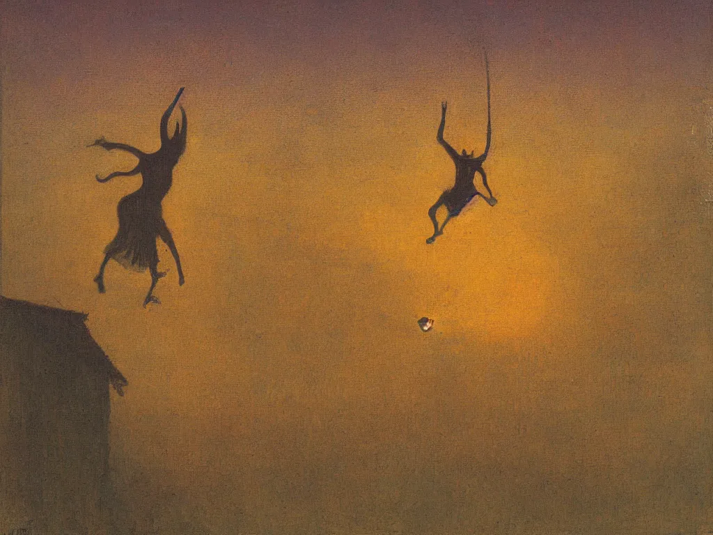 Prompt: painting by mikalojus konstantinas ciurlionis. devil jumping from roof to roof. sunset.