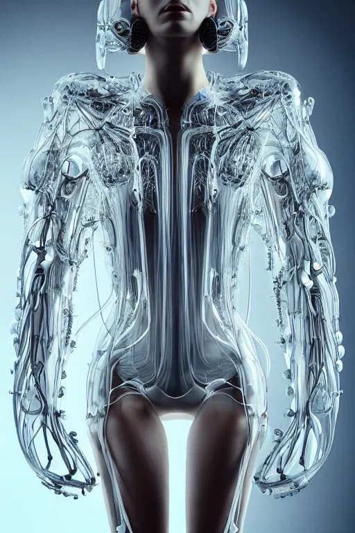 Image similar to iris van herpen, perfect symmetrical body, full body shot, inflateble shapes, wires, tubes, veins, jellyfish, white biomechanical details, wearing epic bionic cyborg implants, masterpiece, intricate, biopunk, vogue, highly detailed, artstation, concept art, cyberpunk, octane render