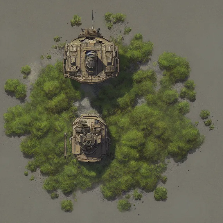 Prompt: overhead view, digital painted ruined tank spritesheet, plain matte background, unity asset store, by greg rutkowski, trending on artstation