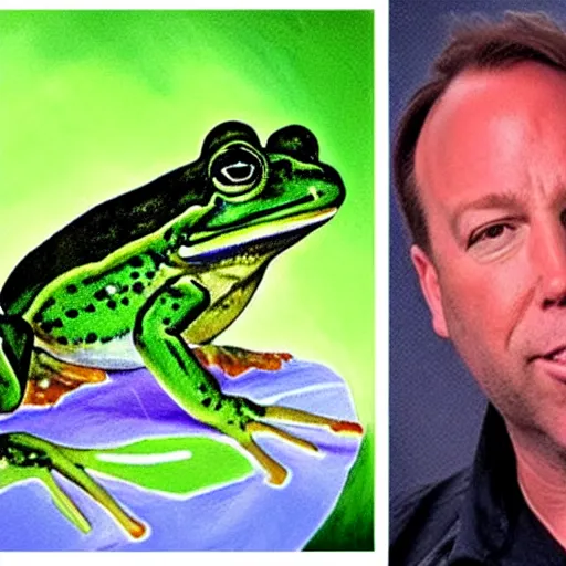 Image similar to Alex Jones painting a picture of a frog. Realistic, cinematic.