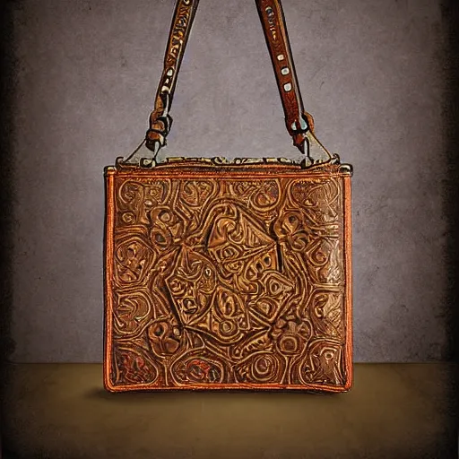 Prompt: an ornate small leather bag, fantasy illustration, medieval era, blank background, studio lighting, digital art