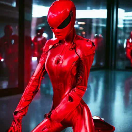 Image similar to love, diverse red cybersuits, from behind, connection rituals, wide wide angle, vivid, elaborate, highly detailed, beautiful lighting