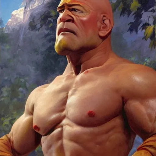 Image similar to ultra realistic david koechner as sagat from street fighter, painting by frank frazetta, 4 k, ultra realistic, highly detailed,