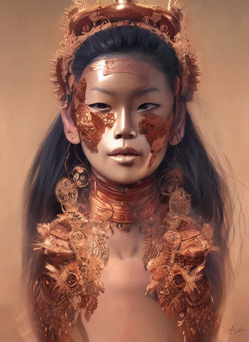 Prompt: a beautiful detailed oil on copper art illustration of a japanese obeshimi mask woman, centered, by charlie bowater, zeng fanzh, trending on artstation, dim dusk lighting, cinematic lighting, detailed lighting, volumetric lighting, realistic, f 8, 4 k hd wallpaper