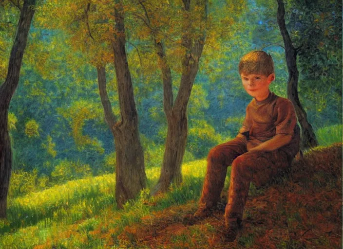 Prompt: impressionistic painting of a boy sitting on a hill in the woods, painted by johfra bosschart, featured on artstation, plein air, artstation hd, painterly