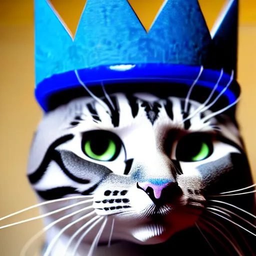 Image similar to toy cat wearing a blue crown , HD , 4k