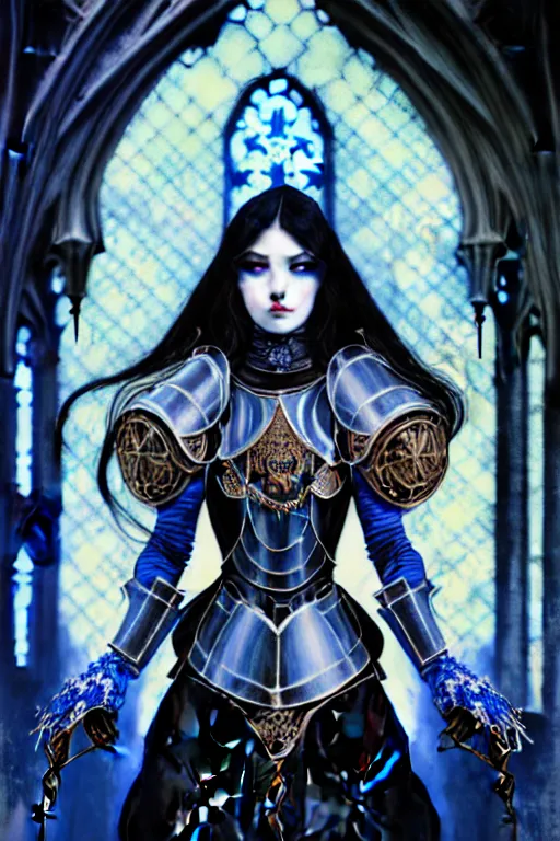 Image similar to beautiful luxury and gothic and victorian and evil medieval female blue & white color armor knight portrait+smoky eyes+light flowing hair, in ruin gothic cathedral, ultradetail face, art and illustration by tian zi and craig mullins and WLOP and alphonse mucha, fantasy, intricate complexity, human structure, fantasy world concept, watermark, blurry, hyperrealism 8k