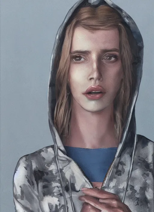 Image similar to still from music video of emma roberts from die antwoord standing in a township street, wearing a hoodie, street clothes, full figure portrait painting by martine johanna, ilya kuvshinov, craig mullins, pastel color palette, 3 5 mm lens