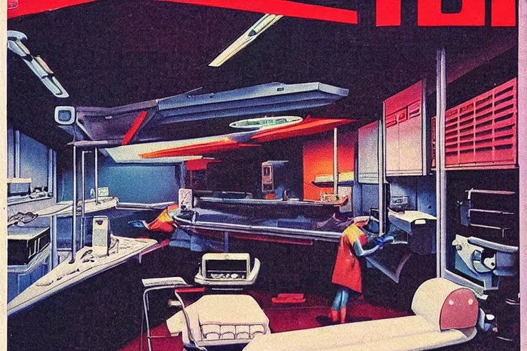 Image similar to 1979 OMNI Magazine Cover of a denture lab. in cyberpunk style by Vincent Di Fate