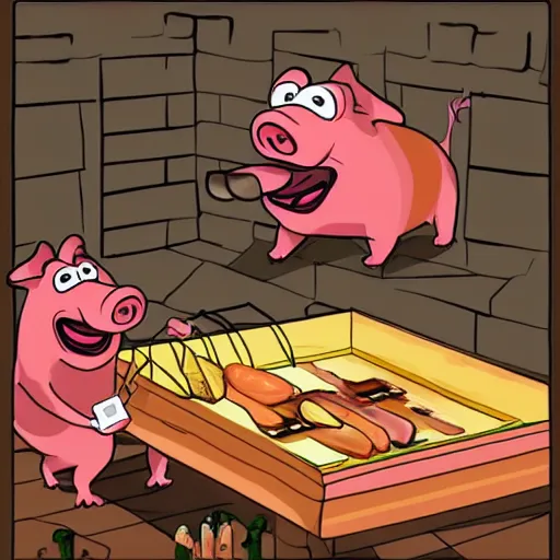 Prompt: a pig screaming in horror as another pig gets barbequed, funny, by Disney