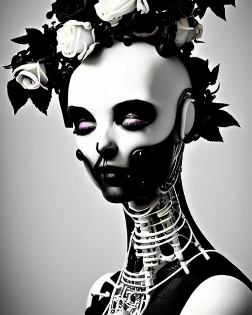 Image similar to dreamy surreal poetic black and white photo of a beautiful young bio-mechanical-female-cyborg-plastic-robot with a very long neck and a super big gothic lace collar and a very high big floral crown with many black dry roses by Vivienne Westwood:: smoke, high fashion, haute couture, rococo, avant-garde, elegant, dreamy, hyper realistic, 150 mm lens, soft rim light, octane render, unreal engine, picture was taken in 1910 by Dora Maar, volumetric lighting, dramatic light,8k,