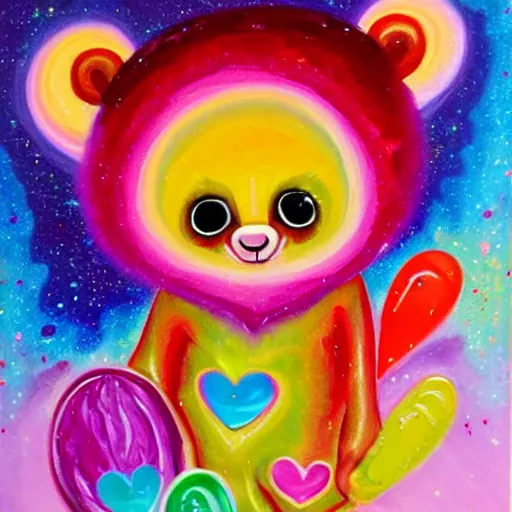 Image similar to a jeremiah ketner and lisa frank acrylic impasto!! painting of an adorable and cute bear eating candy