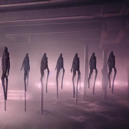 Image similar to illustration of rows of limp humans hanging like clothing in an ice box, rolling fog, cyberpunk, dystopian, dramatic lighting, unreal engine 5