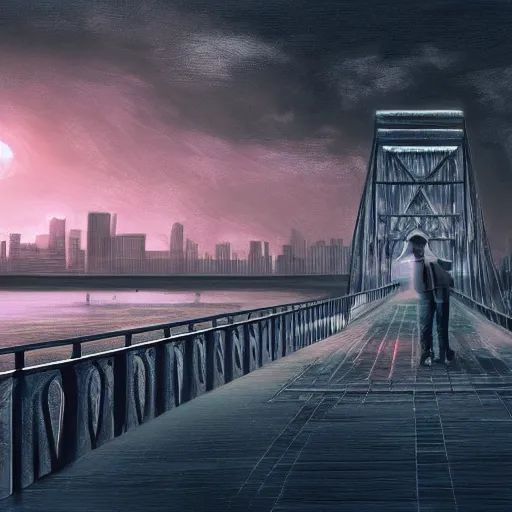 Prompt: a lonely boy on a city bridge looking to the river at night, digital painting, masterpiece, digital art, hyperrealistic, concept art, octane render, unreal engine 5, trending on deviantart, sad atmosphere, centered, anatomically correct, oil painting, high contrast, serene scenery, loneliness, path traced, dark night, paul lehr