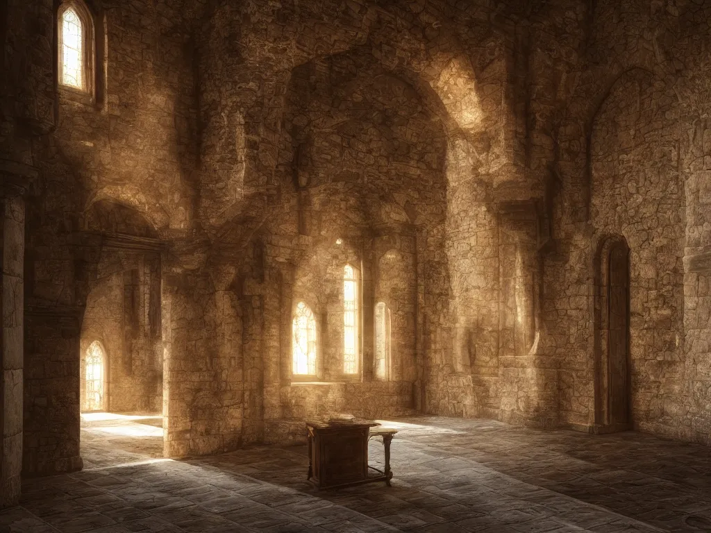 Prompt: luxury interior of a medieval monastery volumetric light morning cinematic photo,