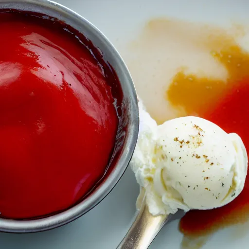 Prompt: A photo of ketchup on vanilla ice cream, food photography