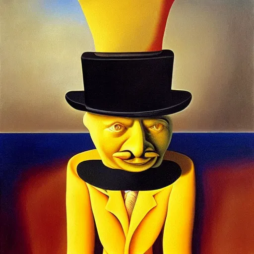 Prompt: a man wearing a top hat made of cheese, surrealism, by salvador dali and rene magritte, oil on canvas