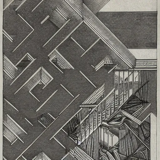 Prompt: geometrically obsessed, etching by Maurits Cornelis Escher, highly detailed