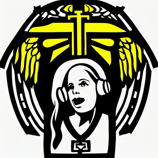 Image similar to svg vector sticker of absolutely divine-deity-angel-eagle heraldry, royalty, family-crest, rocking out, wearing headphones, huge speakers, dancing, rave, DJ, spinning records, digital art, amazing composition, rule-of-thirds, award-winning, trending on artstation, featured on deviantart