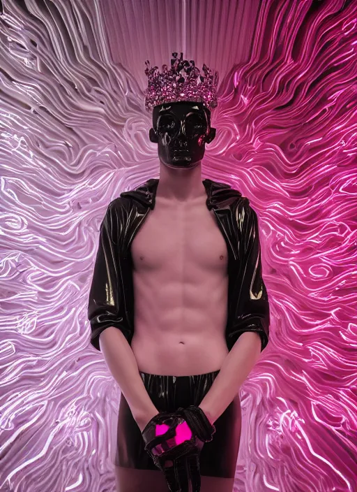 Image similar to photo of baroque and bladerunner delicate neon ruby sculpture of seductive ceramic albino king adrien sahores delicious pink iridescent humanoid deity wearing black fluffy hoody holding diamond skull in a black metallic dungeon, reclining, glowing rainbow face, crown of white diamonds, cinematic lighting, photorealistic, octane render 8 k depth of field 3 d