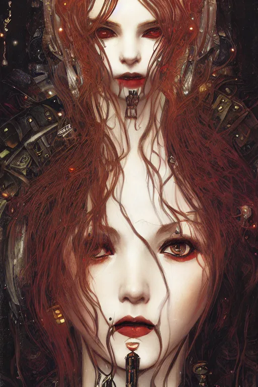 Image similar to portrait of beautiful young gothic maiden, cute anime face, cyberpunk, Warhammer, highly detailed, artstation, illustration, art by Gustav Klimt