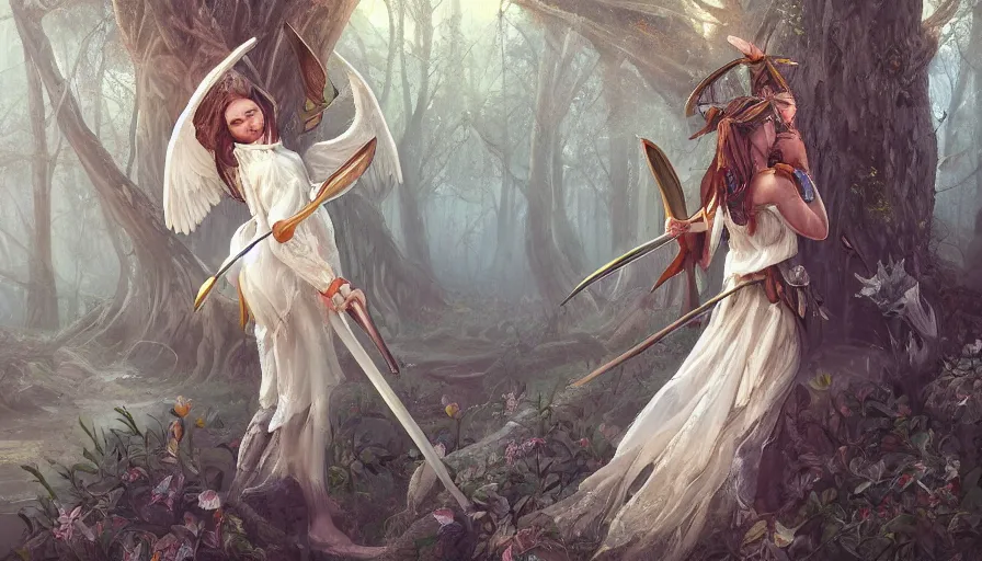 Image similar to A beautiful detailed painting of a female angel warrior on a magical forest path by marc simonteei and Kalin Popov , Trending on artstation HD.