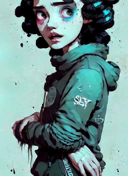 Image similar to highly detailed portrait of a sewer punk lady, tartan hoody, ringlet hair by atey ghailan, by greg rutkowski, by greg tocchini, by james gilleard, by joe fenton, by kaethe butcher, gradient light blue, black, cream and white color scheme, grunge aesthetic!!! ( ( graffiti tag wall background ) )