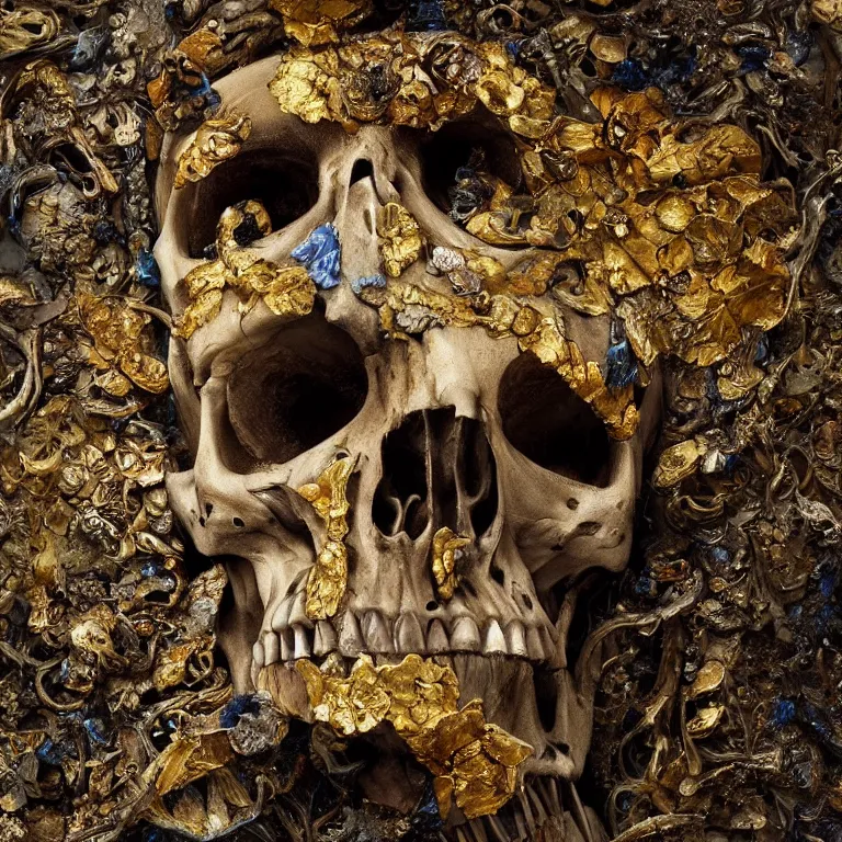 Image similar to A beautiful oil painting hyperrealism of a decayed black skeleton head, rotting black clay skin, bones, close up, gold flowers, gold floral headdress, 8k resolution, octane render, Trending on artstation, by Gediminas Pranckevicius, volumetric light 2blue fractal Thunder glow by dan mumford, anaglyph effect, Laurie Lipton