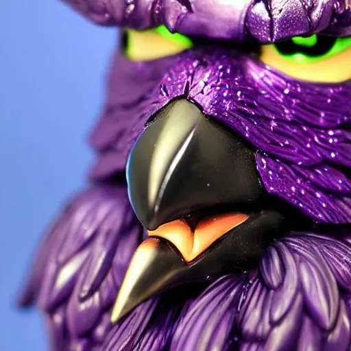 Prompt: up close photo of a magical psychic raven judging you. iridescent feathers. purple iridescence. 3D sculpt by Range Murata.