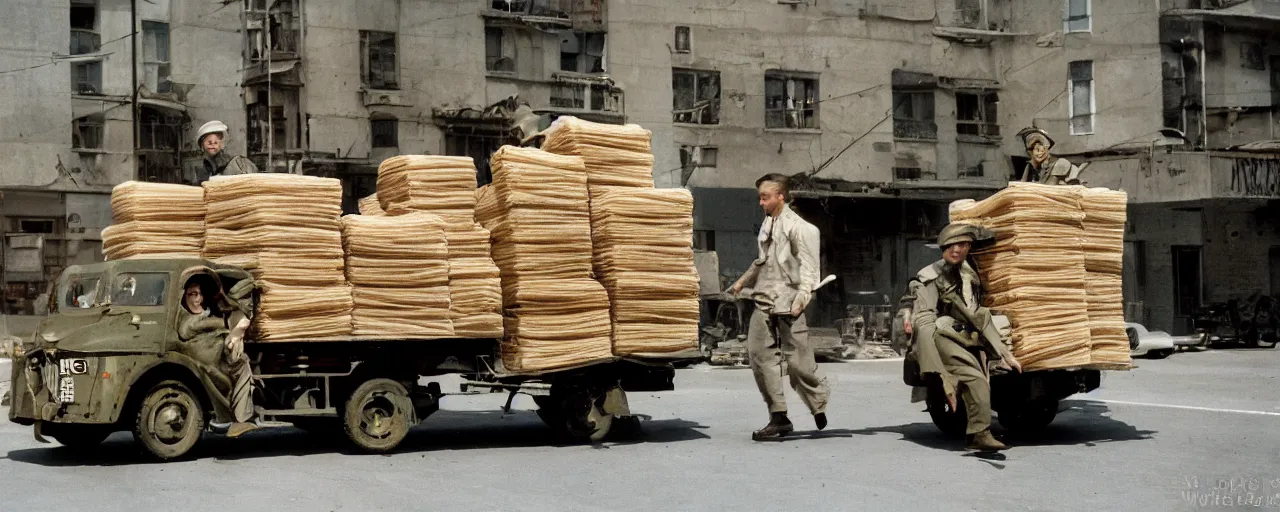 Prompt: transporting spaghetti boxes, world war 2, u. s. army, canon 5 0 mm, kodachrome, in the style of wes anderson, retro