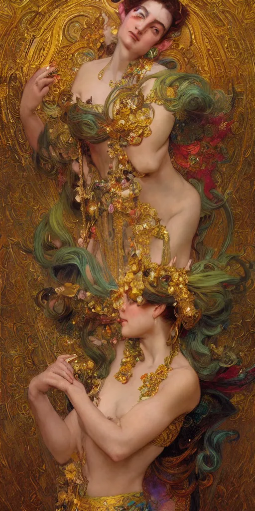 Prompt: an intricate painting of a beautiful goddess with an artistic pose, hyper - detailed, ornamental gold headpiece, octane render, vivid colors, artstation, by jeremy mann, by alphonse mucha, by boris vallejo, by gustav klimt